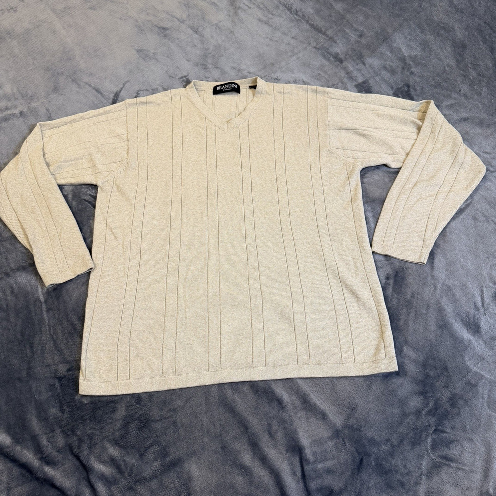 Brandini Le Collezioni Men V-Neck Sweater Beige Knit Ribbed Vertical Striped